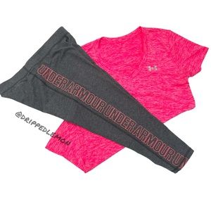 Under Armour Yoga Capri Athletic Spellout Pants Women's and Shirt Gray Pink Sz M